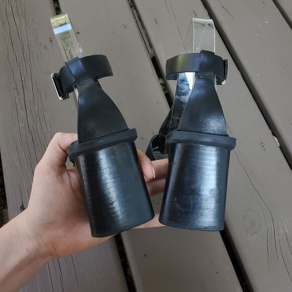 Vintage 90s y2k Black Leather Greek Fisherman Chunky Heeled Caged Jesus Sandals - Picture 5 of 9